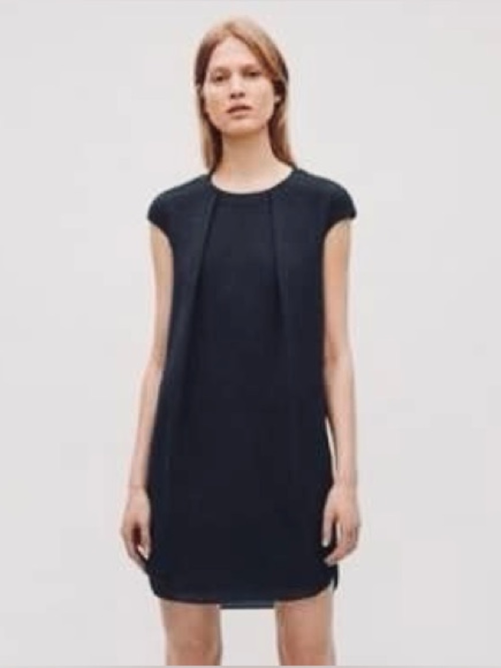 COS Black Cap Sleeve Pleated Crepe Shift Dress